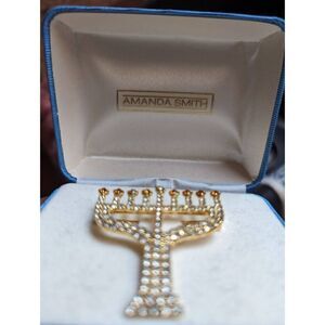 Amanda Smith Vintage Rhinestone Menorra Brooch In Box